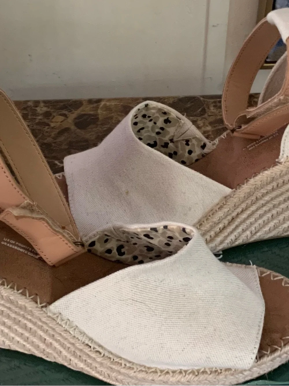 TOMS Natural Canvas Espadrille Wedge Sandals with Pink Ankle Strap